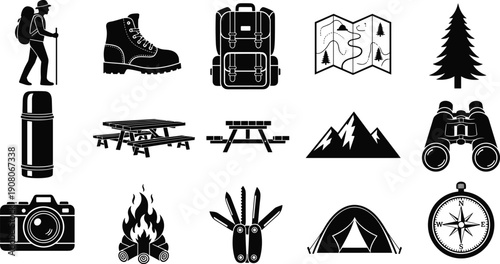 Outdoor hiking and camping gear icons set, black silhouettes for mountain adventure backpacking, cad drawing flat vector illustration for travel