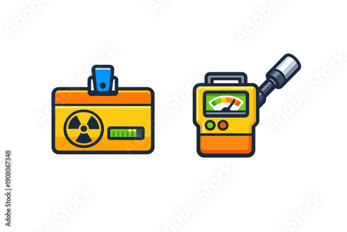 This vector illustration shows a radiation monitoring badge with a hazard symbol and a handheld Geiger counter with a measurement gauge, set against a dark background.