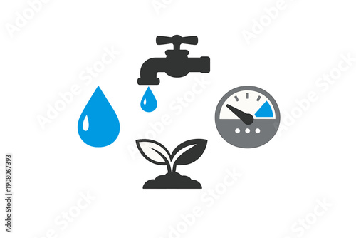 This graphic features four distinct icons: a dripping water tap, a large blue drop, a circular meter with a needle, and a young plant growing from soil on a black backdrop.