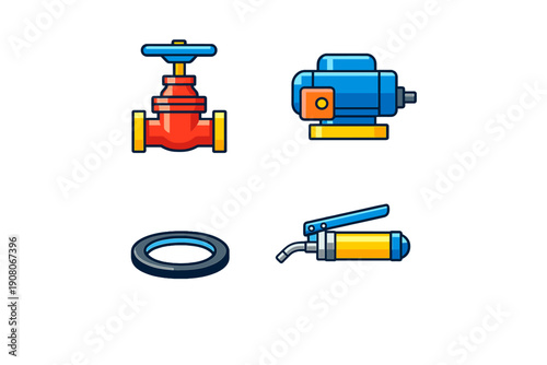 A set of four industrial equipment icons including a red valve, a blue electric motor, a black circular gasket, and a yellow grease gun, all presented in a flat vector style.