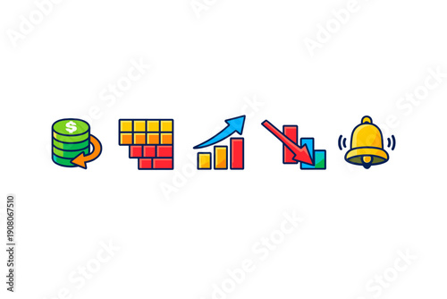 A set of five colorful business and finance icons including a stack of coins, a grid of blocks, rising and falling bar charts, and a ringing bell on a black background.