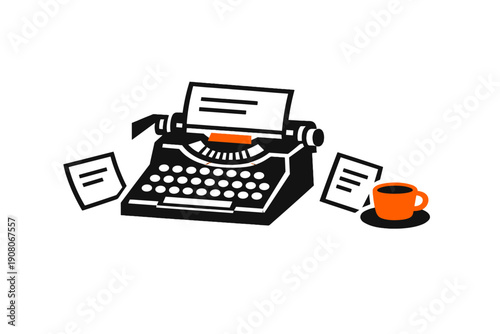 This graphic illustration features a black vintage typewriter with paper, two separate notes, and an orange coffee cup on a dark background, symbolizing writing and creative work.