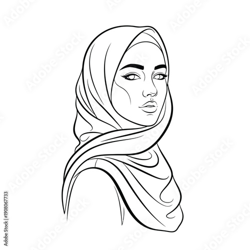 Elegant line drawing of a woman wearing a hijab with a patterned scarf