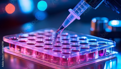 Wallpaper Mural a multi channel pipette dispenses liquid samples into a microplate illuminated by vibrant blue and pink laboratory lighting Torontodigital.ca