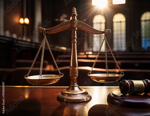 Wallpaper Mural gleaming scales of justice in a courtroom illuminated by the soft light of jurisprudence a judge s gavel in the foreground Torontodigital.ca