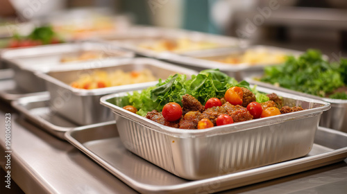 Wallpaper Mural Healthy meal preparation for large group with multiple food trays, bulk cooking, community nutrition, catering-style meal prep, mass food organization, with copy space Torontodigital.ca