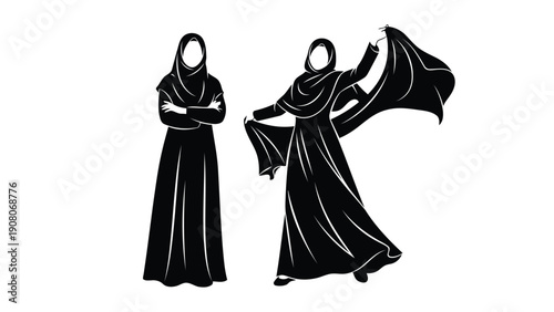 Two women wearing traditional long dresses and headscarves with flowing garments.