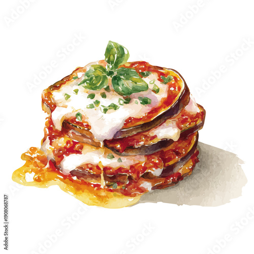 Watercolor Eggplant Parmesan vector, artistic painting style, high-resolution illustration on a pure white background.