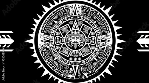 A monochrome illustration depicting an ancient, circular stone carving with intricate symbols and a face