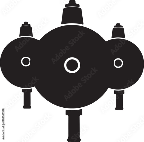 Black silhouette of a three way pipe fitting isolated on transparent background