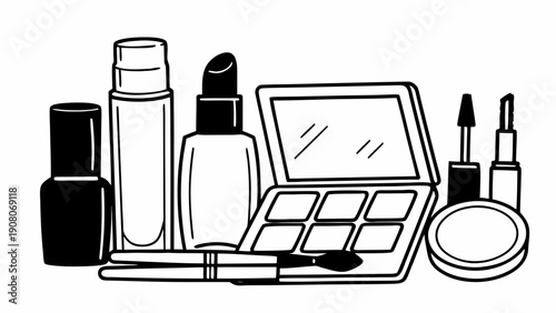 A set of cosmetics in a linear editorial composition.