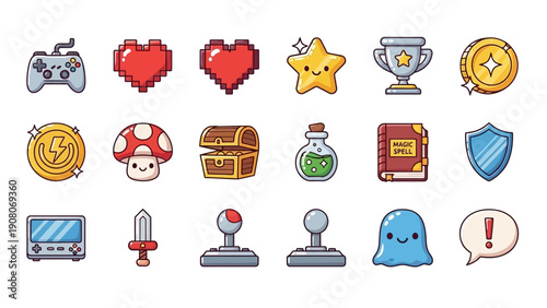 Collection of colorful retro video game icons