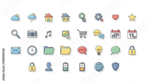 Collection of flat design icons for digital interfaces and applications.