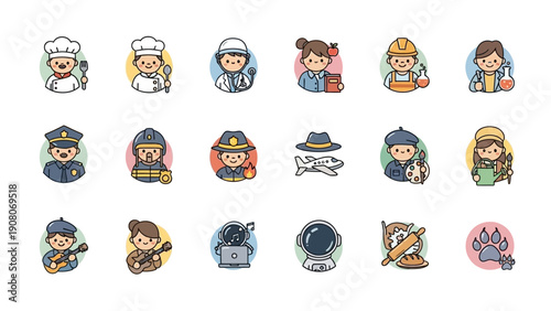 Set of various cute cartoon character icons representing different professions and jobs.