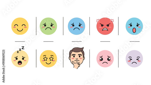 A diverse collection of emoticons and facial expressions depicting various human emotions.