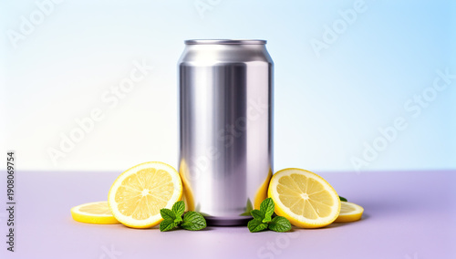 Aluminum beverage can mockup with lemon slices and mint on pastel surface conveying refreshing summer drink citrus flavor wellness lifestyle concept for branding advertising minimal composition