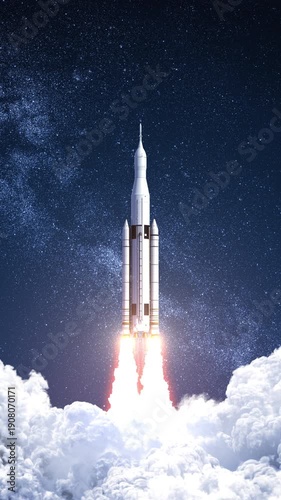 3D animation of a night launch of a heavy space rocket with a spacecraft on board, starting engines with fire and smoke against the backdrop of a starry sky.