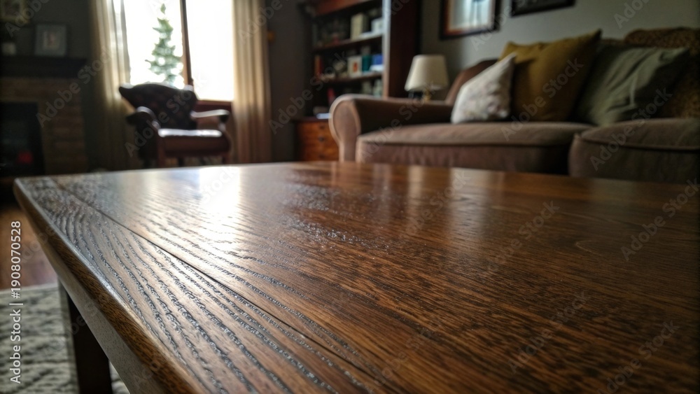 Fototapeta premium Empty wooden table in modern cozy living room with warm lighting, mockup background