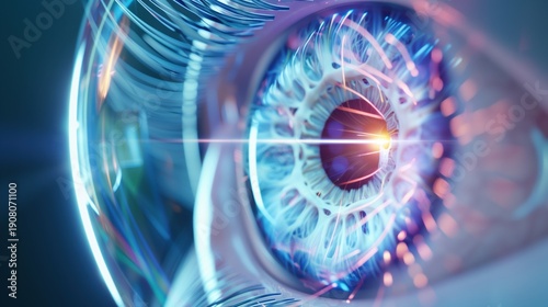 Save Your Vision Month:scientific diagram showing light rays entering human eye and refracting through optical system, transparent anatomical eye model