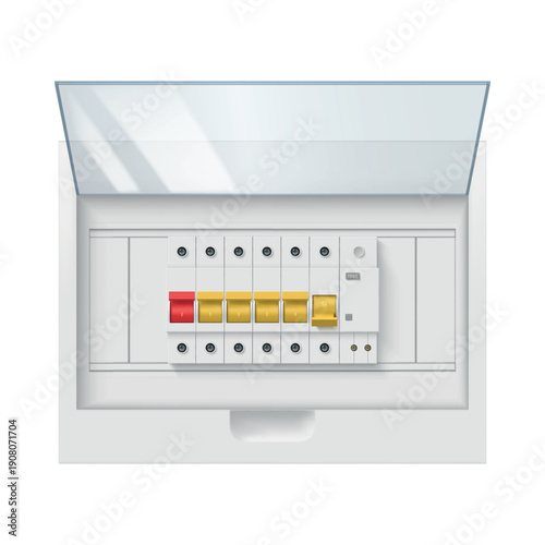 A fuse box with multiple circuit breakers arranged in a row, showing the connections used to distribute and control electrical power in a building