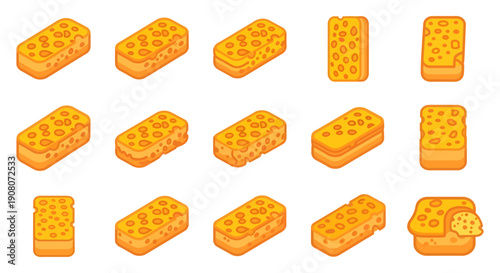 Isometric Cheese Blocks and Cookies Vector Icon Set, Yellow Cheddar and Kaasstengels Illustration on White Background