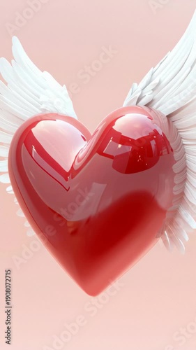 Glossy Red Heart With Angel Wings Background

