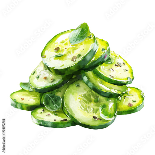 Cucumber Salad watercolor vector, hand-painted style, high-quality illustration isolated on white background.
