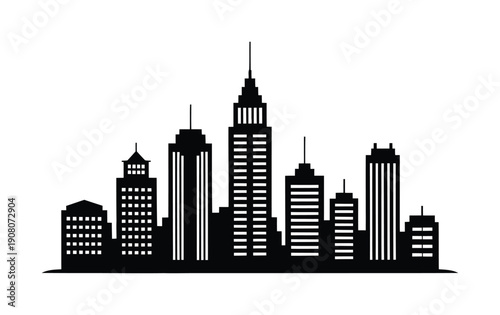 Vector graphic of a city skyline with tall buildings on a white background illustration