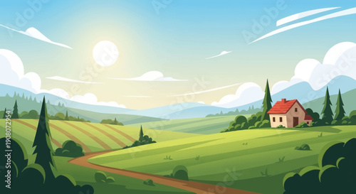 cartoon countryside landscape with small house green nature soft sunlight simple shapes calm atmosphere clean background wide view