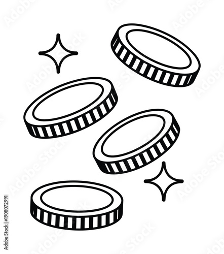 Vector illustration of four coins and two sparkles in a dynamic floating motion together