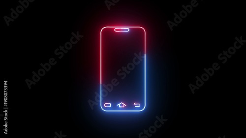 Neon smartphone outline with red and blue light on black background