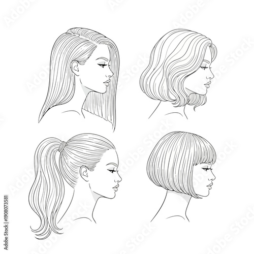 Four different views of human head profiles with hair depicted in simple line art