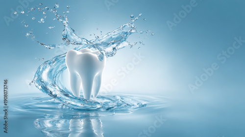 A pristine white tooth stands amidst dynamic water splashes. This vibrant dental image highlights oral hygiene, cleanliness, and freshness in a striking visual.