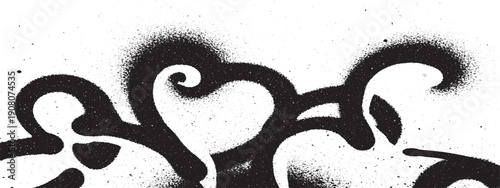 Black and white abstract graffiti art with swirling patterns and textured spray paint effect.