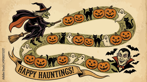 Vintage Halloween Illustration: Witch, Pumpkins, Ghosts, Black Cats, and Dracula on a Spooky Path with Happy Hauntings Banner.