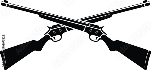 Crossed vintage shotguns silhouette illustration representing hunting weapons, western duel concept, firearm symbol, black and white vector design on isolated background
