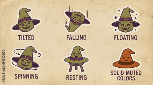 Retro Halloween Witch Hat Sticker Set for Motion Graphics: Tilted, Falling, Spinning, Floating, Resting Jack-O'-Lantern Poses