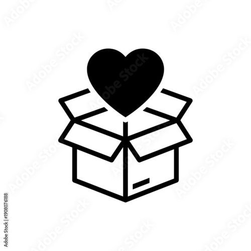 A minimalist black and white vector image featuring a solid heart emerging from an open cardboard box, symbolizing charitable giving, humanitarian aid, and the spirit of generosity