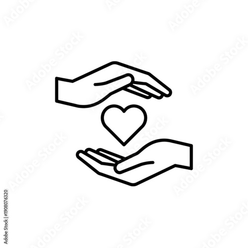 A minimalist black and white vector image featuring two cupped hands protecting a central heart, symbolizing community stewardship, compassionate care, and social support systems
