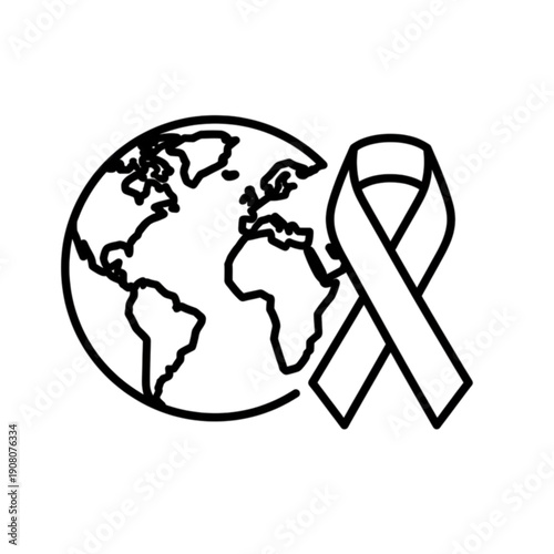 A minimalist black and white vector image featuring a globe of the Earth alongside a folded awareness ribbon, symbolizing global advocacy, social impact causes, and international solidarity