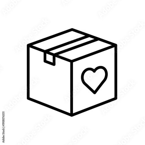 A minimalist black and white vector image featuring a sealed cardboard shipping box with a prominent heart symbol on the side, representing care packages, charitable logistics, and community aid