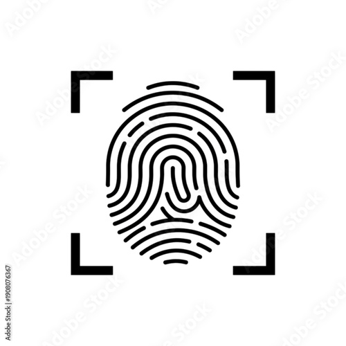 A minimalist black and white vector image featuring a detailed human fingerprint enclosed within a digital scanner frame, symbolizing biometric authentication, identity verification & digital security