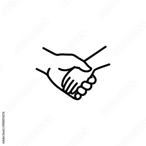 A minimalist black and white vector image featuring a larger hand gently holding a smaller hand, symbolizing mentorship, intergenerational support, and compassionate guidance