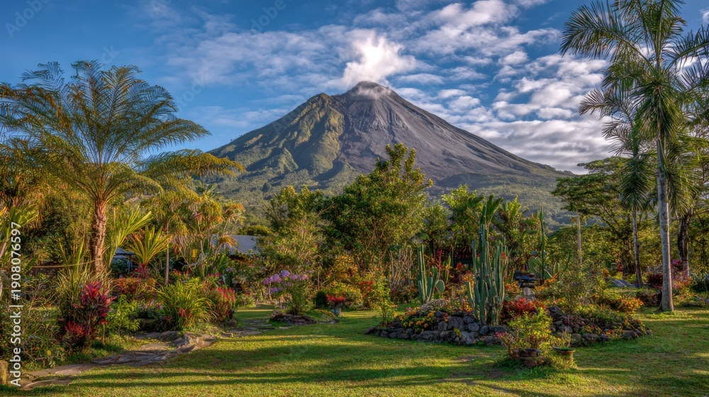 Fototapeta premium Sunrise garden landscape with green grass, lush trees, colorful flowers and tropical plants in front of an active volcano on jungle mountains, clear blue sky, mist, steam, long shadows creating calm