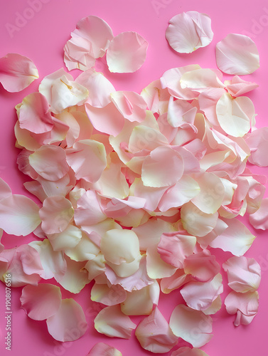 Pink and white rose petals scattered on a vibrant pink background, creating a visually appealing and colorful floral arrangement for decoration or design purposes