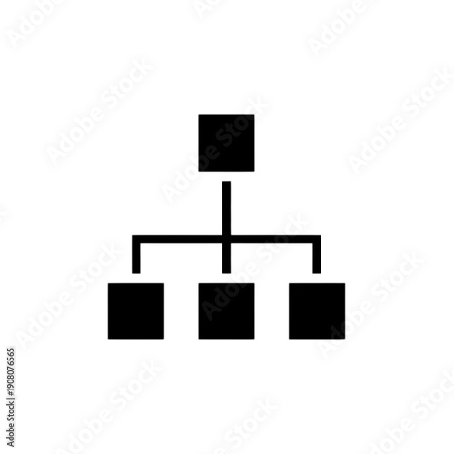 Black & white vector image featuring hierarchical structure with one central square block branching down to three subordinate blocks, symbolizing digital infrastructure, organizational charts etc