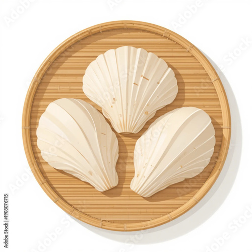 illustration of three fresh seashells (kerang) arranged neatly on a woven bamboo tray