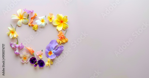 Heart-shaped arrangement of colorful flowers including yellow, purple, and pink blooms on a soft pastel background with ample copy space for text or graphics