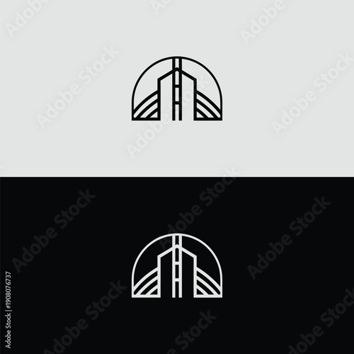 An abstract and artistic line-art icon portraying two modern city skyscrapers connected by an arch, elegantly displayed on both light grey and dark backgrounds.