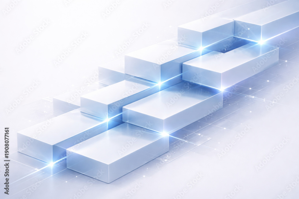 Fototapeta premium Minimalist Composition of Glowing White Rectangular Blocks with Blue Light Flares on a Clean High-Tech Surface.